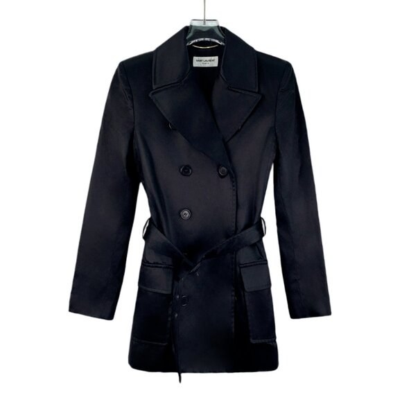 FW0190 Saint Laurent slp Saint Laurent black cotton lapel double-breasted belt l
